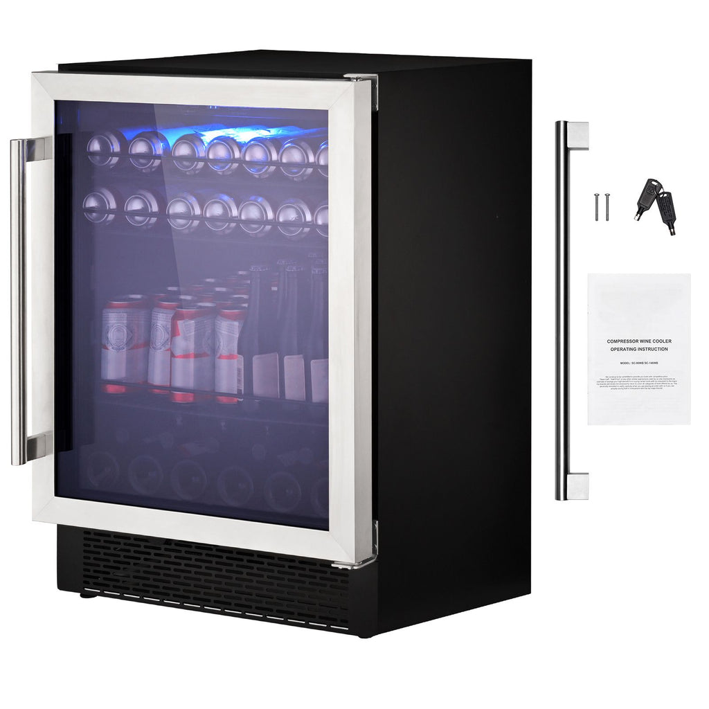 24" Beverage Refrigerator, 154 Cans Under Counter Built-in or Freestanding Beer Cooler Fridge, Blue LED Light, Child Lock, Adjustable Shelves, ETL