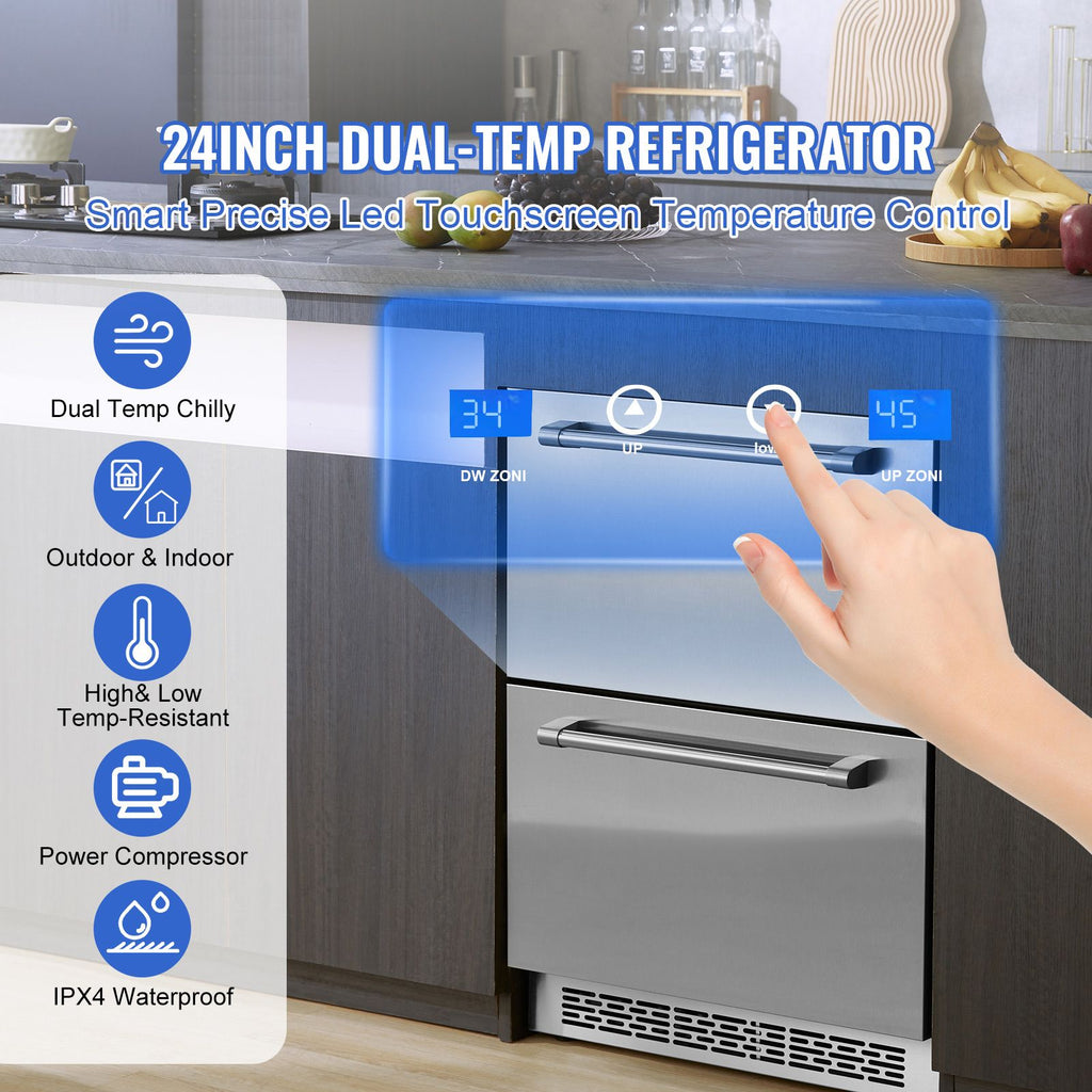 24" Undercounter Refrigerator, 2 Drawer Wine Refrigerator with Different Temperature, 4.87 Cu.ft. Capacity, Waterproof Indoor and Outdoor Under Counter Drawer Fridge for Home and Commercial Use image 2