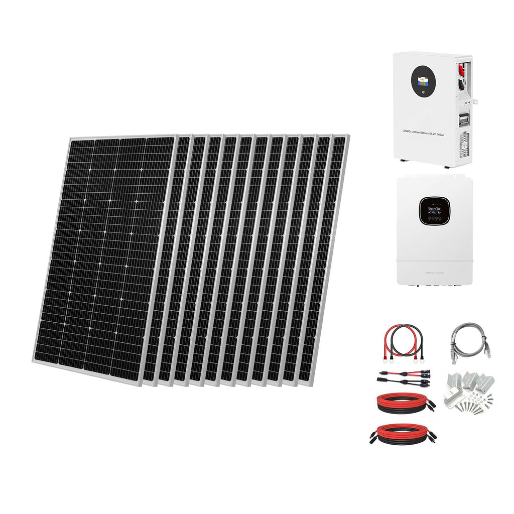 2400W 48V Complete Solar Power Kit, 12PCS 200W Monocrystalline Solar Panels + 51.2V 100Ah LiFePO4 Battery + 48V 5000W Hybrid Inverter, High Output Off-Grid Solar Kit for Large House Shed Farm