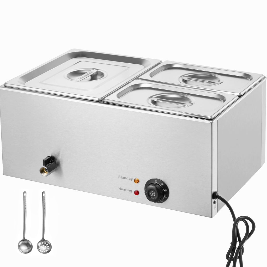 24QT Commercial Food Warmer, 3-Pan Electric Steam Table, 1200W Professional Countertop Stainless Steel Buffet Bain Marie with 86-185 Fahrenheit Temp Control