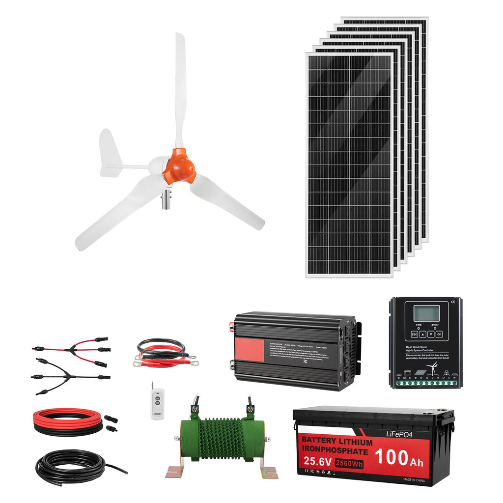 24V 1000W Solar Wind Power Kit, 6*100W Solar Panel + 400W Wind Turbine + 25.6V 100Ah LiFePO4 Battery + 3000W Power Inverter + MPPT Wind/Solar Hybrid Controller for Home Boat Cabin Farm Off-Grid