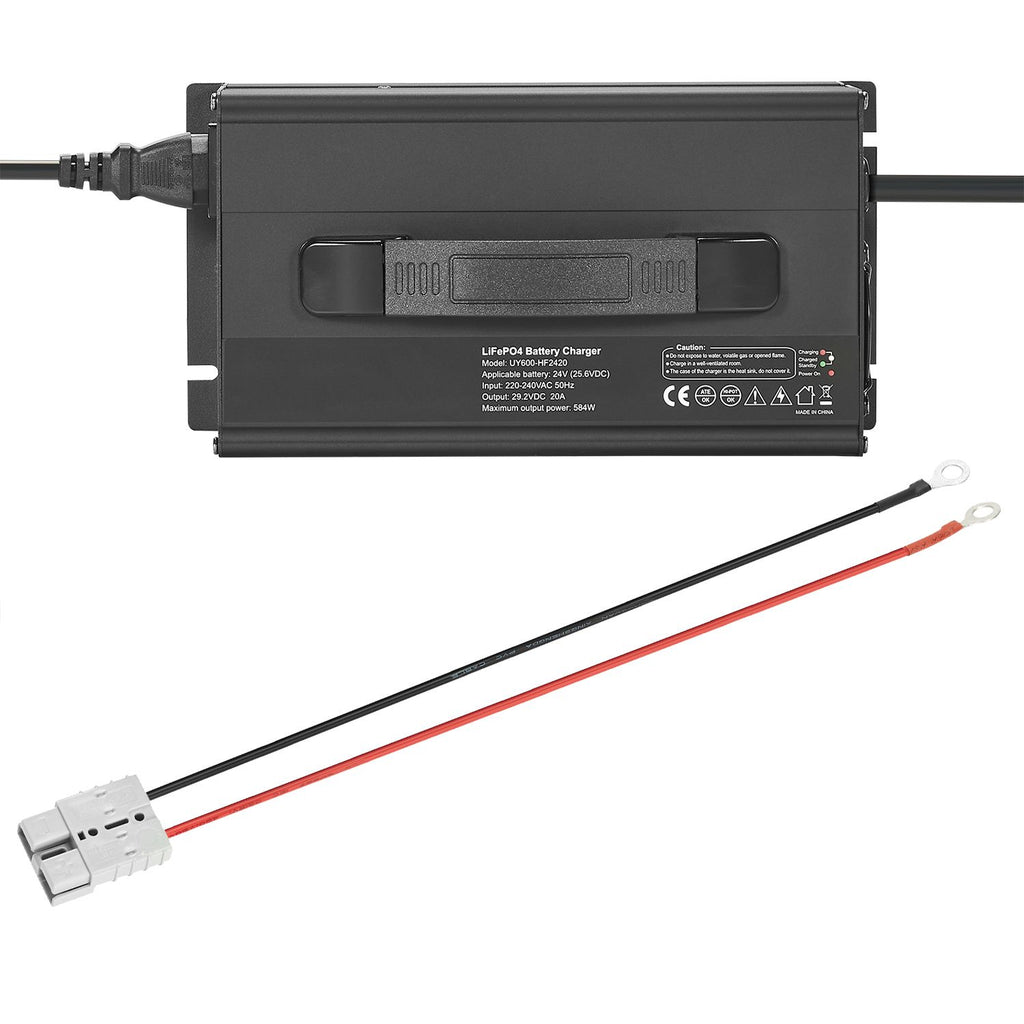 24V 20A Lithium Battery Charger, 29.2V, AC-DC LiFePO4 Smart Charger, with Anderson Connector, LED Indicator, 0V Activation, for Lithium LiFePO4 Deep Cycle Rechargeable Batteries of Boat, RV