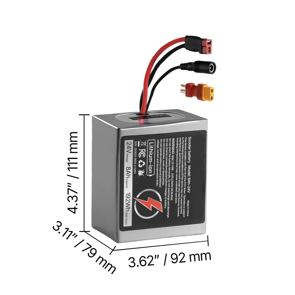 24V Electric Scooter Battery, 8Ah, Ebike Lithium Battery Pack with 30A BMS, Charger, T-Plug Expansion Cable, 500+ Cycles, Compatible with 1920W Motors, for Electric Bikes Bicycles, Scooters