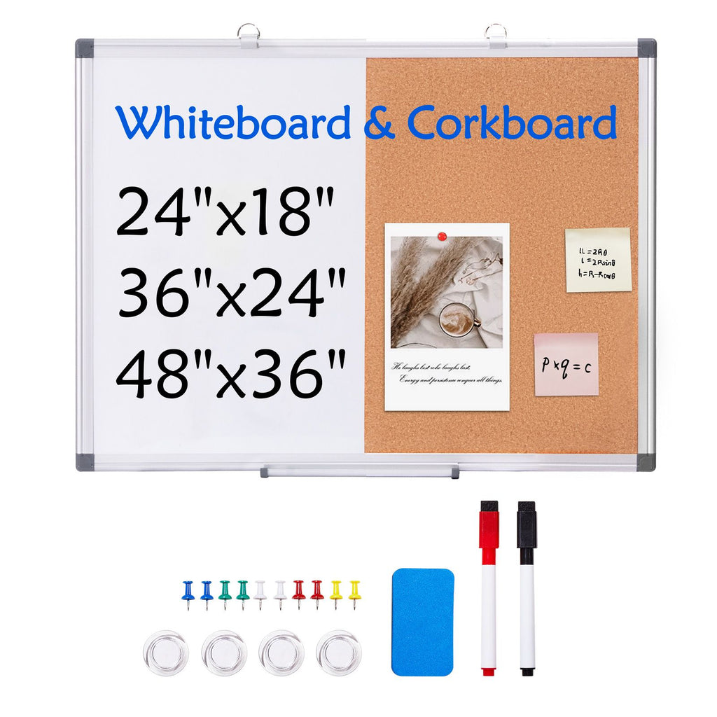 24"x18" Whiteboard & Cork Board Combo with Aluminum Frame – 2-in-1 Magnetic Dry Erase Bulletin Board for Wall Mount – Ideal for School, Home, Office