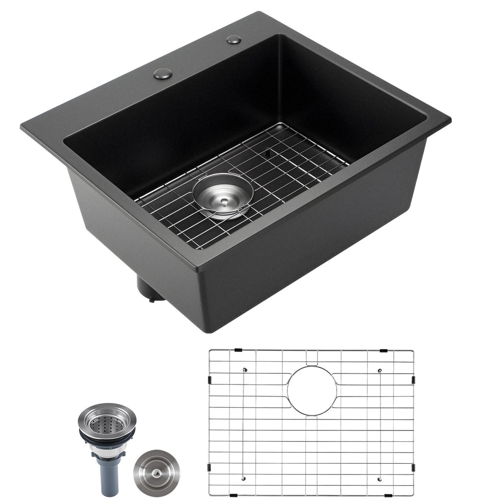 25 inch Kitchen Sink Workstation, Top Mount Granite Sinks, Drop-In Single Bowl Farmhouse Basin with Multiple Accessories, Household Dishwasher Sinks for RV, Prep Kitchen, and Bar (Black)