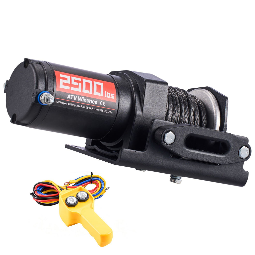 2500 lbs Electric Winch, 12V DC ATV/UTV Winch with Φ0.19 in x 39.4 ft Synthetic Rope & Wired Remote Control, IP55 Waterproof, Aluminum Housing Fairlead Mount Plate for Towing ATV, Black
