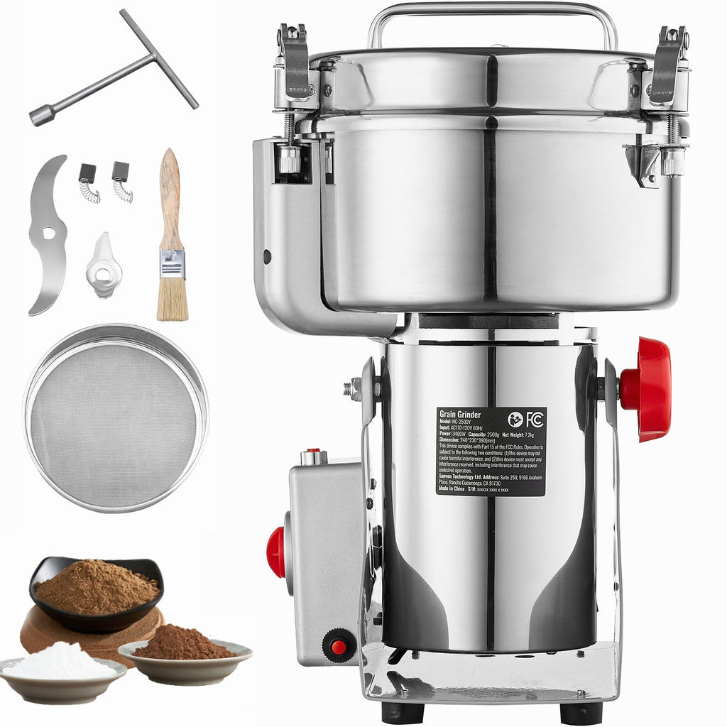 2500g Electric Grain Mill Grinder, High Speed 3400W Commercial Spice Grinders, Stainless Steel Pulverizer Powder Machine, for Dry Grains Spices Cereals Coffee Corn Pepper, Swing Type