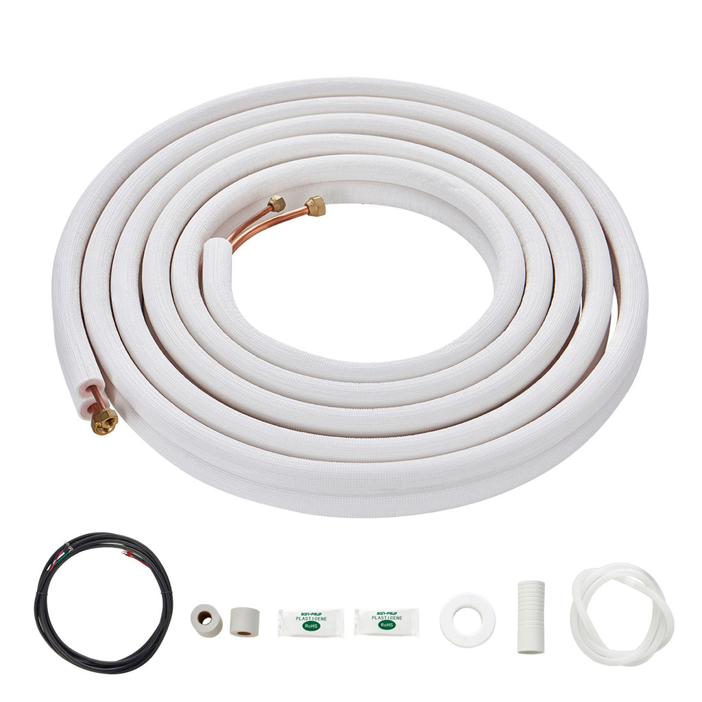 25FT Mini Split Line Set, 1/4" & 3/8" O.D Copper Pipes Tubing and Triple-Layer Insulation, for Air Conditioning or Heating Pump Equipment & HVAC with Rich Accessories (27ft Connection Cable)