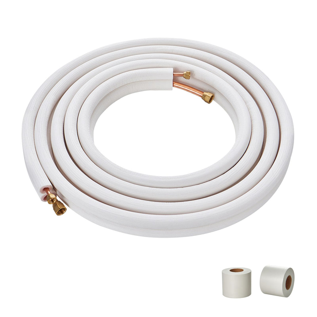 25FT Mini Split Line Set, 1/4" & 3/8" O.D Copper Pipes Tubing and Triple-Layer Insulation, for Mini Split Air Conditioning Refrigerant or Heating Pump Equipment & HVAC with Wrapping Strips.