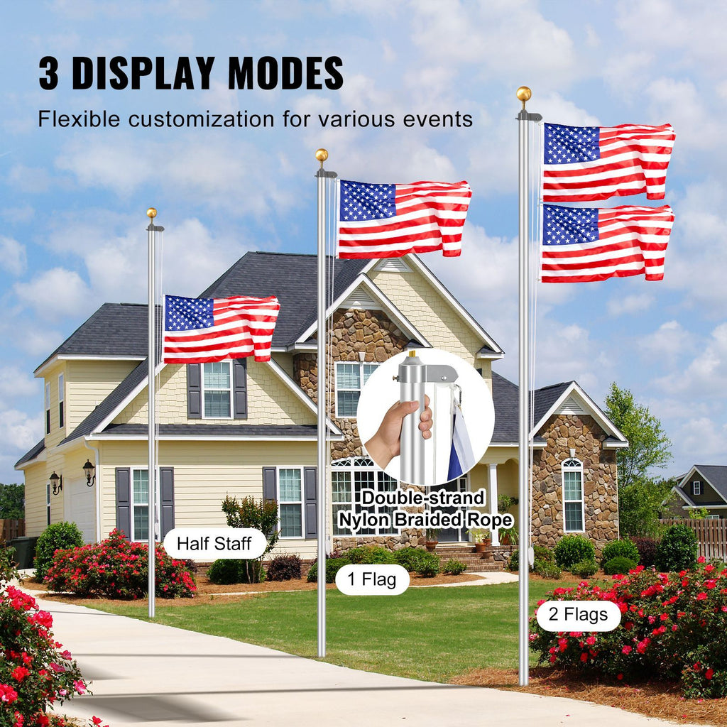 25FT Sectional Flag pole Kit, Heavy Duty Aluminum Alloy in Ground Flag poles for Outside, 3 Display Modes Flagpole with 3x5 American Flag, Professional Accessories, Silver