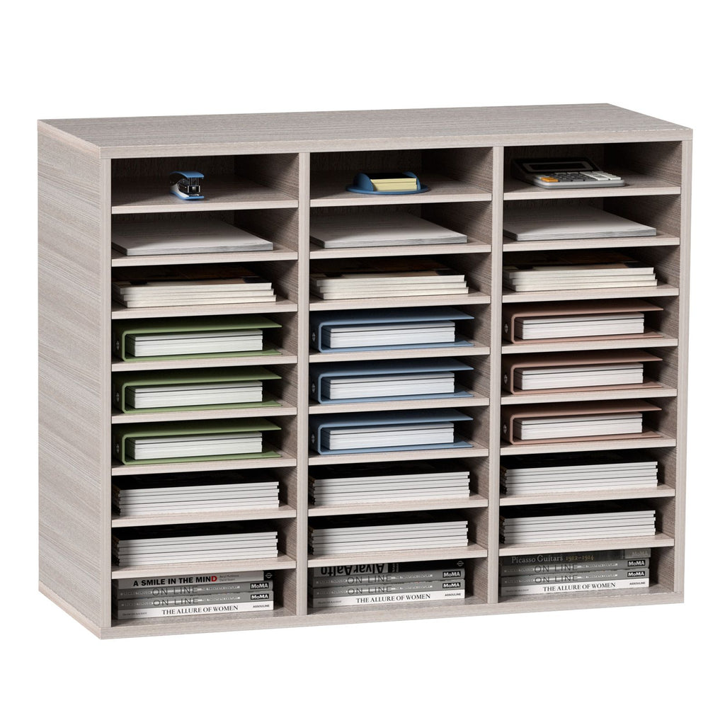27 Compartments Wood Literature Organizer, Adjustable Shelves, Medium Density Fiberboard Mail Center, Office Home School Storage for Files, Documents, Papers, Magazines, Grey