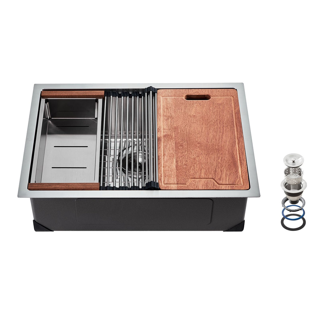 27 inch Kitchen Sink Workstation, 304 Stainless Steel Undermount Sink, Drop-In Single Bowl Farmhouse Basin with Ledge & Multiple Accessories, Household Dishwasher Sinks for RV, Prep Kitchen, Bar