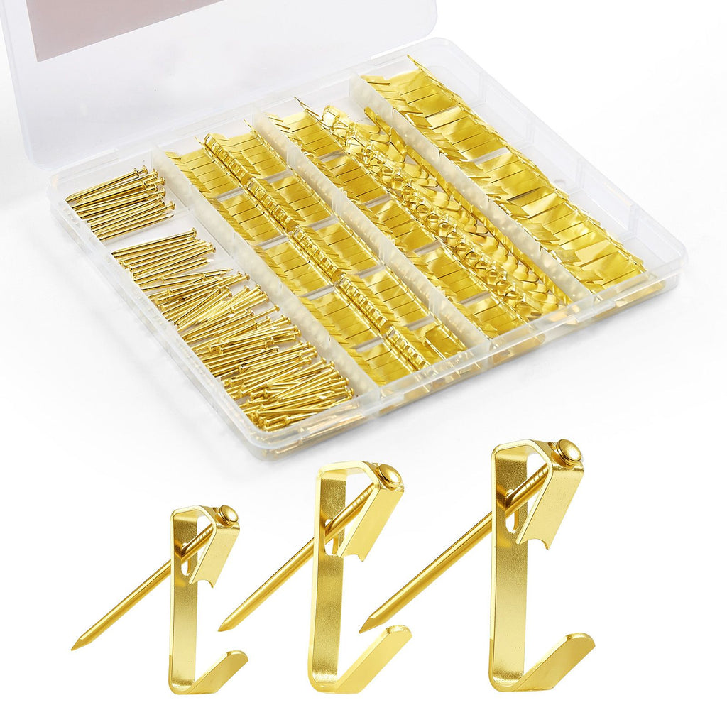 274 Pieces Picture Hanging Kit, 20lbs, 30lbs, and 50lbs Picture Hangers, Heavy Duty Metal Pictures Hanging Hooks with Nails for Mirror, Painting, Photo Frame on Drywall and Wooden Wall, Gold