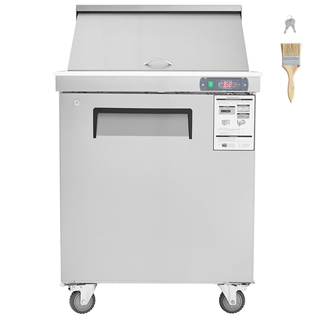 28" Commercial Refrigerator Sandwich & Salad Prep Table, 7.4 Cu. Ft Stainless Steel Refrigerated Food Prep Station with 12 Pans, Cut Board, Frost Free Refrigerator with Lock for Restaurant