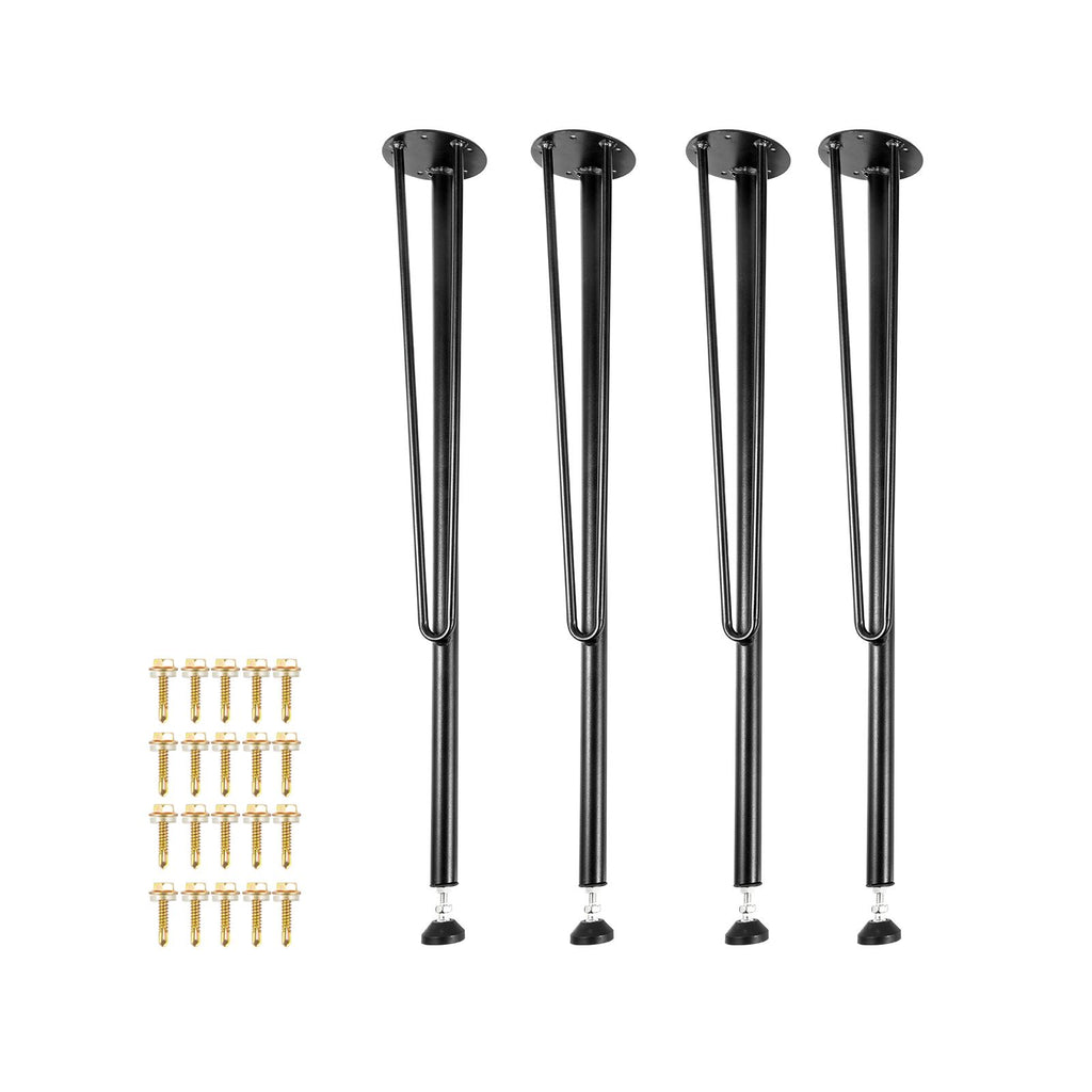 28" Hairpin Desk Legs, 4-Pack, Durable 3-Rod Iron Bench Supports for DIY Tables, Includes Rubber Feet, Black