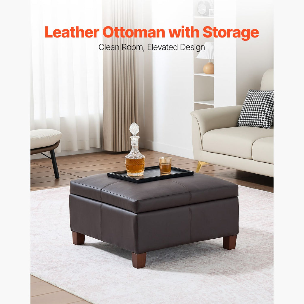 28 in Square Leather Ottoman with Storage, Upholstered Tufted Button Coffee Table Ottoman with Flip-Top Design, PU Leather High-Density Sponge for Living Room, Dorm, Bedroom, Dark Brown image 2