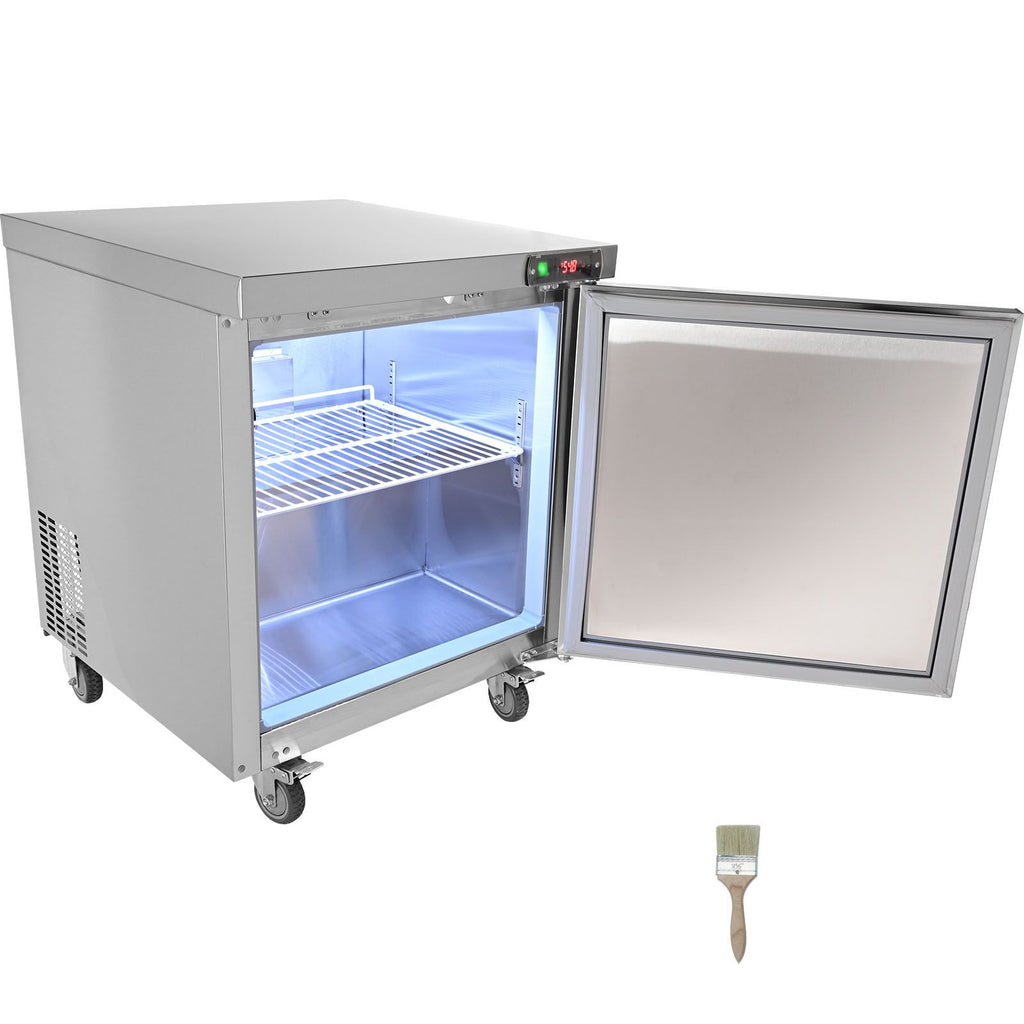28-inch Stainless Steel Undercounter Refrigerator, 7.4 Cubic Feet, with Fan-Assisted Cooling and Lockable Single Door, Ideal for Food Preparation Areas and Bars