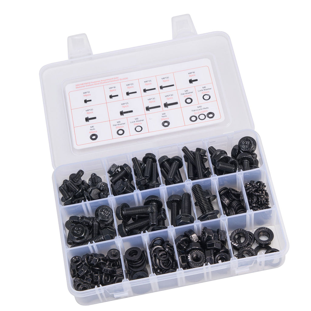 280 Pcs Bolts and Nuts Assortment Kit, Metric Machine Screws and Flat Washers, Alloy Steel M6/M8/M10 Multiple Size, for Furniture / Equipment Assembly, Vehicle Grade 10.9 Black, with Case