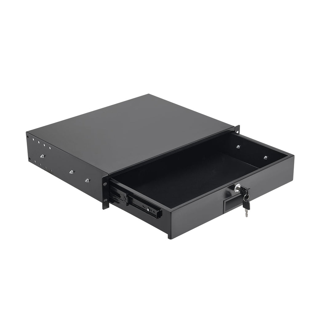 2U Rack Mount Drawer, 50 lbs Max Load-Bearing, Lockable Server Cabinet Case, Sliding Drawer with Lock and Cable Management Holes, for 19 in Network Equipment Server AV Rack or Cabinet Enclosure