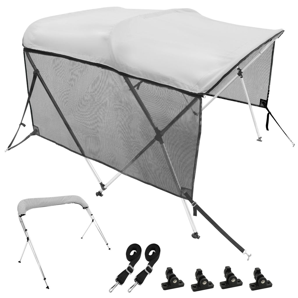 3 Bow Bimini Top Boat Cover, Detachable Mesh Sidewalls, 600D Polyester Canopy with 1" Aluminum Alloy Frame, Includes Storage Boot, 2 Support Poles, 2 Straps, 6'L x 46"H x 67"-72"W, Light Grey