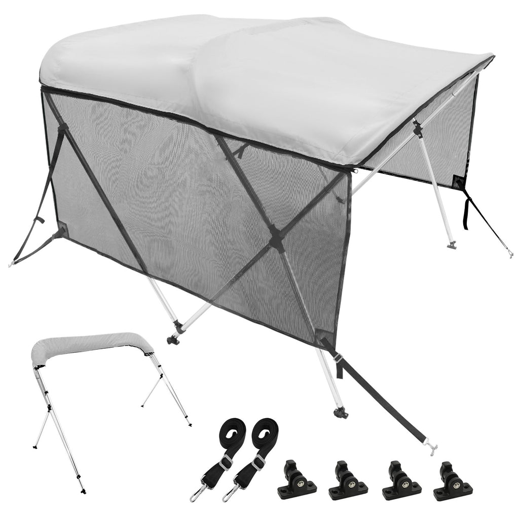 3 Bow Bimini Top Boat Cover, Detachable Mesh Sidewalls, 600D Polyester Canopy with 1" Aluminum Alloy Frame, Includes Storage Boot, 2 Support Poles, 2 Straps, 6'L x 46"H x 79"-84"W, Light Grey