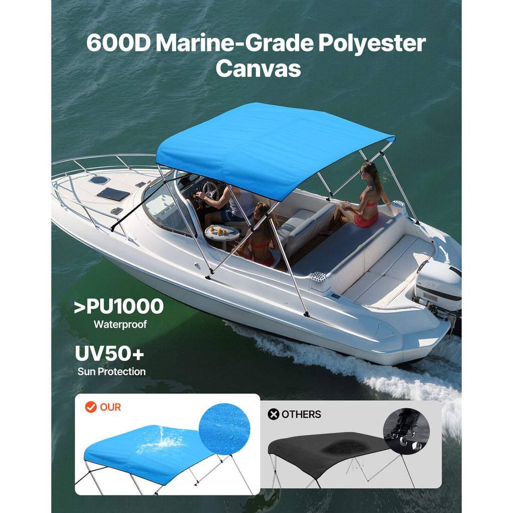3 Bow Boat Bimini Tops, 600D Polyester Canopy with Aluminum Alloy Frame, Waterproof & Sun Shade Boat Awning Canopy with Storage Bag, 2 Support Poles, 4 Straps, 6'Lx(67"-72")Wx46"H, Pacific Blue image 2