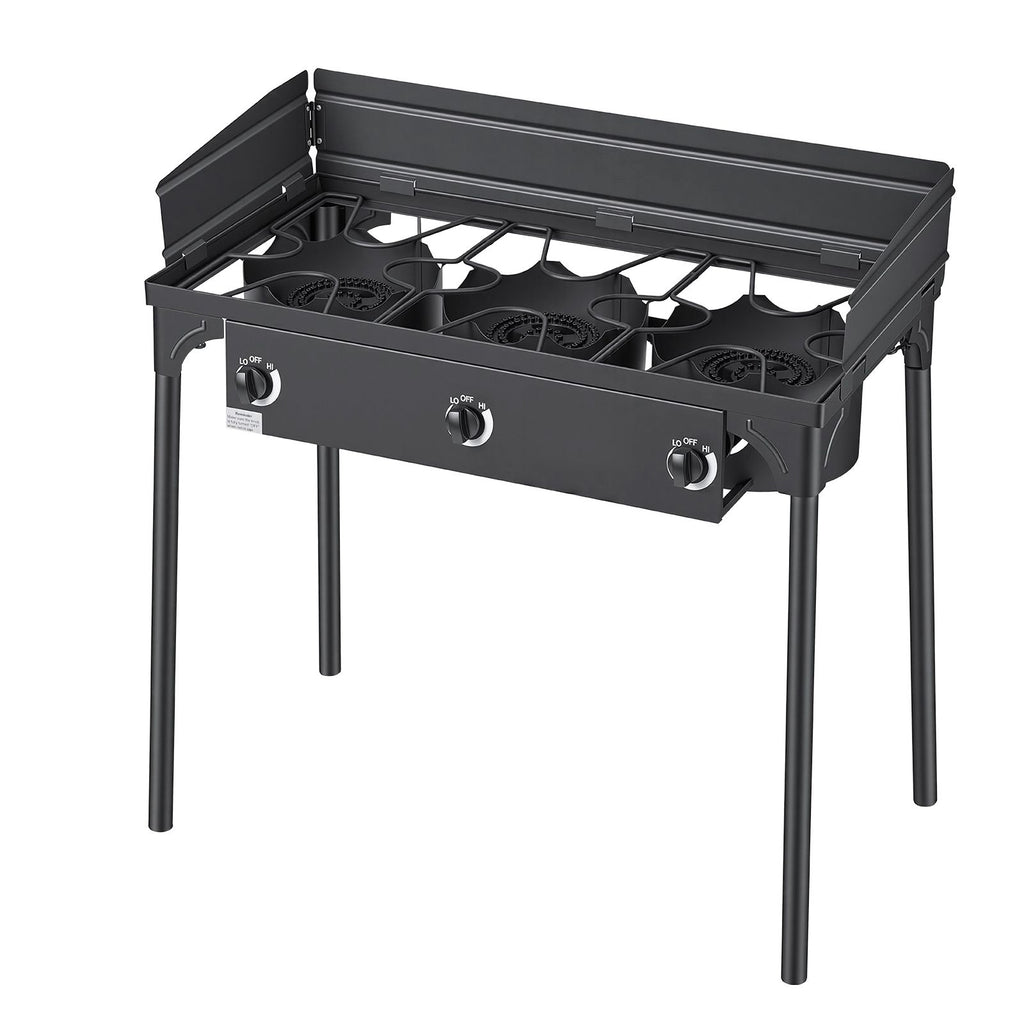 3 Burner Outdoor Propane Gas Stove, 225,000 BTU Propane LPG Gas Camping Stove, Heavy-duty Carbon Steel Outdoor Cooker, with Shield & Tall Stand & Regulator, for BBQ Camp Home Patio Backyard