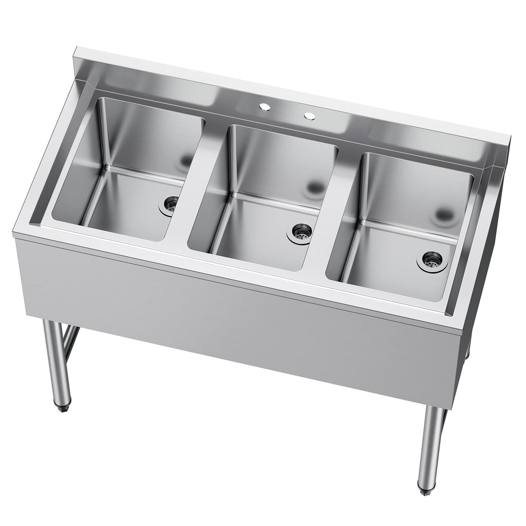3 Compartment Sink, 18-Gauge 304 Stainless Steel, 10" x 14" x 10" Bowl Size, 3 Bay Commercial Under Bar Sink with Backsplash and Efficient Drainage for Kitchen, Restaurant, Food Truck & Home Use