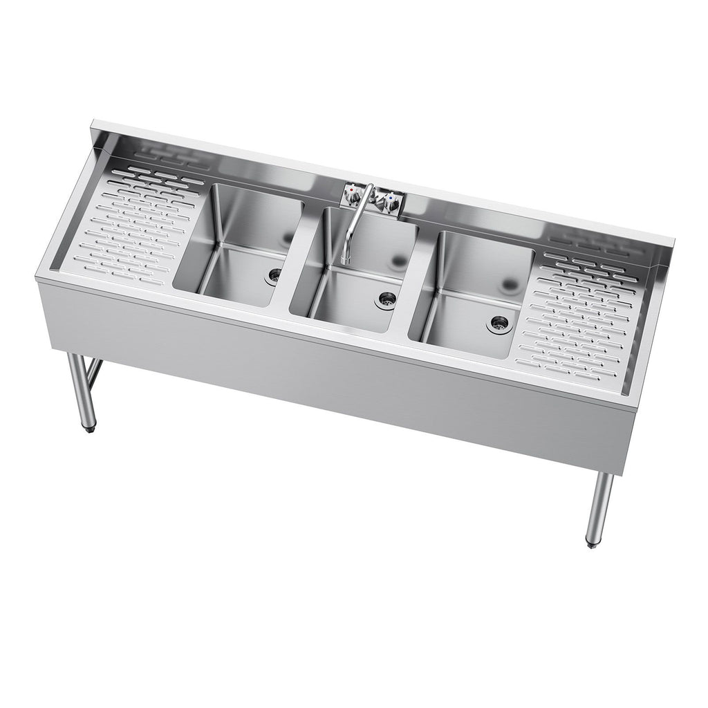 3 Compartment Sink, 18-Gauge 304 Stainless Steel, 10" x 14" x 10" Bowl Size, 3 Bay Commercial Under Bar Sink with Double Drainboard and Backsplash for Kitchen, Restaurant, Food Truck & Home Use