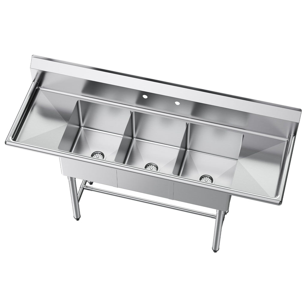 3 Compartment Sink, 18-Gauge 304 Stainless Steel, 14" x 16" x 11" Bowl Size, 3 Bay Commercial Kitchen Prep & Utility Sink with 2 Drainboards and Backsplash for Restaurant, Food Truck & Home Use