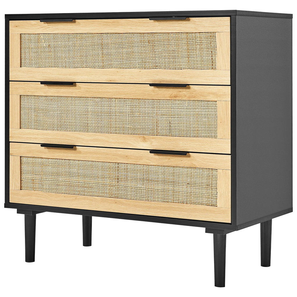 3 Drawer Rattan Dresser, Natural Rattan Closet Dresser with 3 Drawers, Modern Wood Chest Clothing Organizer & Storage Boho Dresser with Sturdy Handles & Legs, for Bedroom, Living Room & Hallway