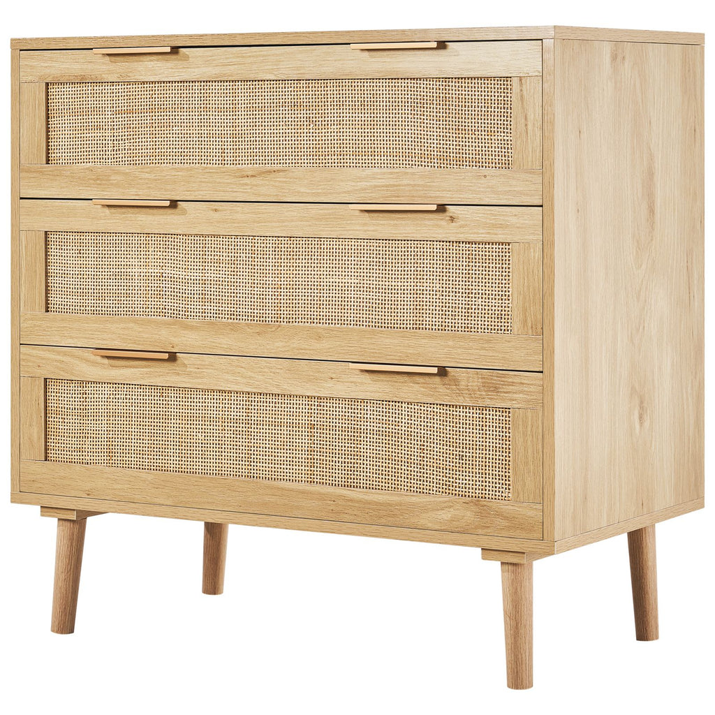 3 Drawer Rattan Dresser, Natural Rattan Closet Dresser with 3 Drawers, Modern Wood Chest Clothing Organizer & Storage Boho Dresser with Sturdy Handles & Legs, for Bedroom, Living Room & Hallway