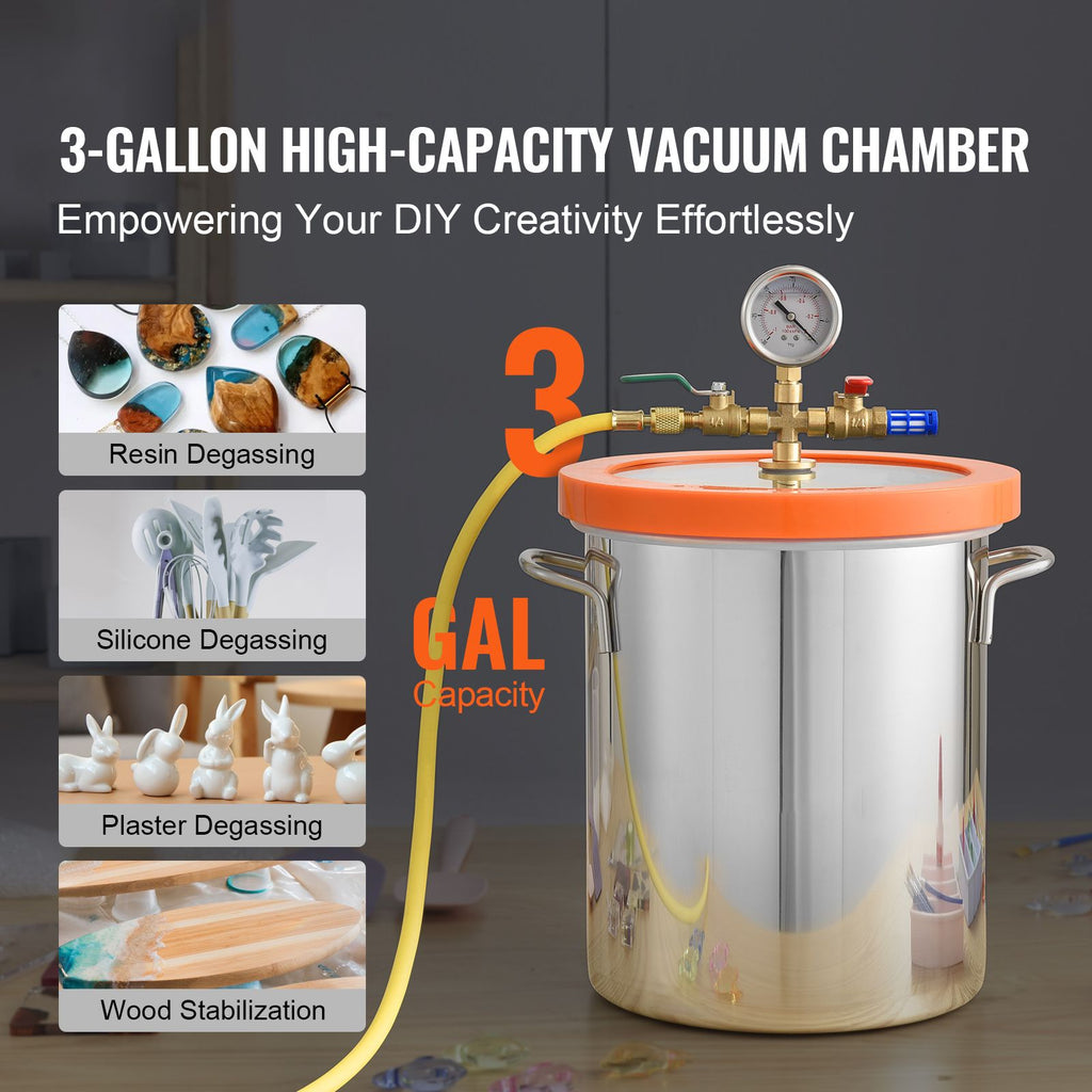 3 Gallon Vacuum Chamber, Upgraded Tempered Glass Lid Vacuum Degassing Chamber, 304 Stainless Steel Chamber, for Stabilizing Wood, Resin Degassing, Silicone Degassing and Plaster Degassing