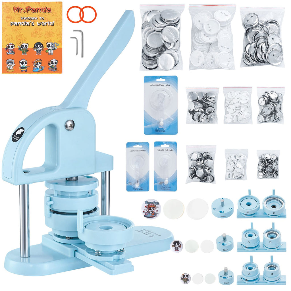3-IN-1 Button Maker, 1/1.25/2.28 inch(25/32/58mm) Pin Maker, 300pcs Button Parts, Button Maker Machine with Panda Magic Book, Ergonomic Arc Handle Punch Press Kit, For Children DIY Gifts, Blue