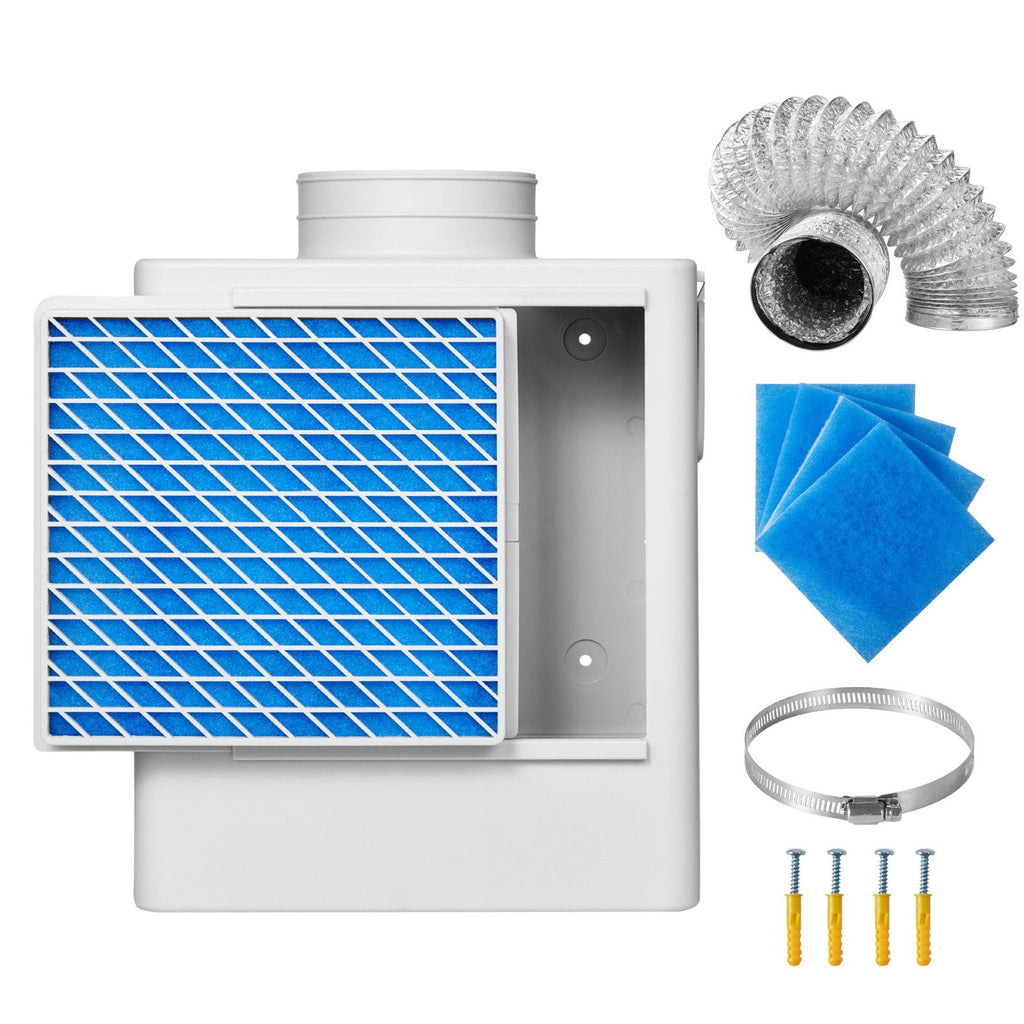 3-in-1 Indoor Dryer Vent Kit,Premium ABS Material Fits 4 inch Exhaust Port, Smart Overheating Reminder Exhaust Hood & Easy-to-Detach Mesh Cap & Multi-layer Purification with 4 Replacement Pads