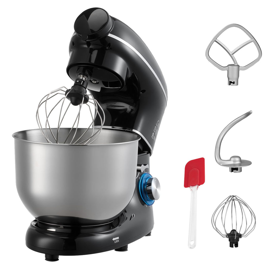 3-in-1 Multifunctional Stand Mixer, 6QT Stainless Steel Bowl, 660W 6+P Speeds Tilt-head Food Mixer with Dough Hook, Wire Whip, Flat Beater, Meat Grinder, Juice Blender, for Baking Mixing, Black