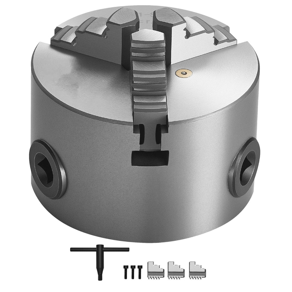 3-Jaw Lathe Chuck, 3 Inch (80 mm), Self-Centering Chuck, 0.08-2.48 in (2-63 mm) Clamping Range with T-key Fixing Screws Reversible Jaws, HT300 Material, Internal External for Wood Metal Lathe