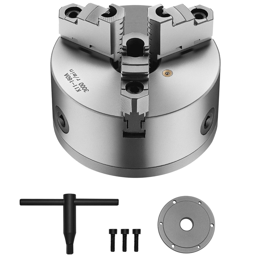 3-Jaw Lathe Chuck, 6 Inch (160 mm), Self-Centering Chuck with 1 1/2 in-8 Threaded Backing Plate, 0.12-5.71 in (3-145 mm) Clamping Range with T-wrench Screws, HT300 Material, for Wood Metal Lathe