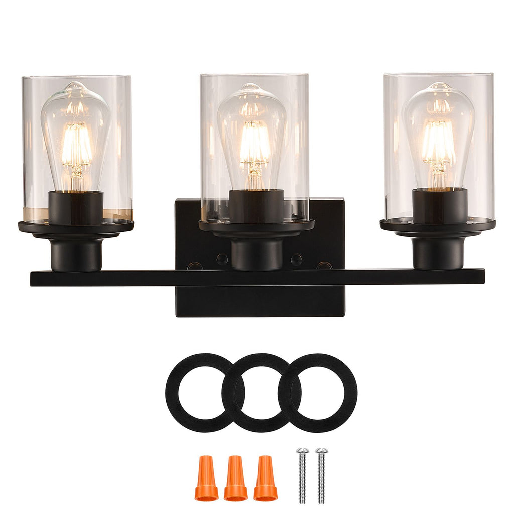 3-Light Bathroom Light Fixtures, Modern Vanity Light Fixture over Mirror, Bathroom Wall Sconce Lamp with Clear Glass Shade, E26 Ceramic Socket for Bedroom Living Room Hallway (Bulb Not Included)