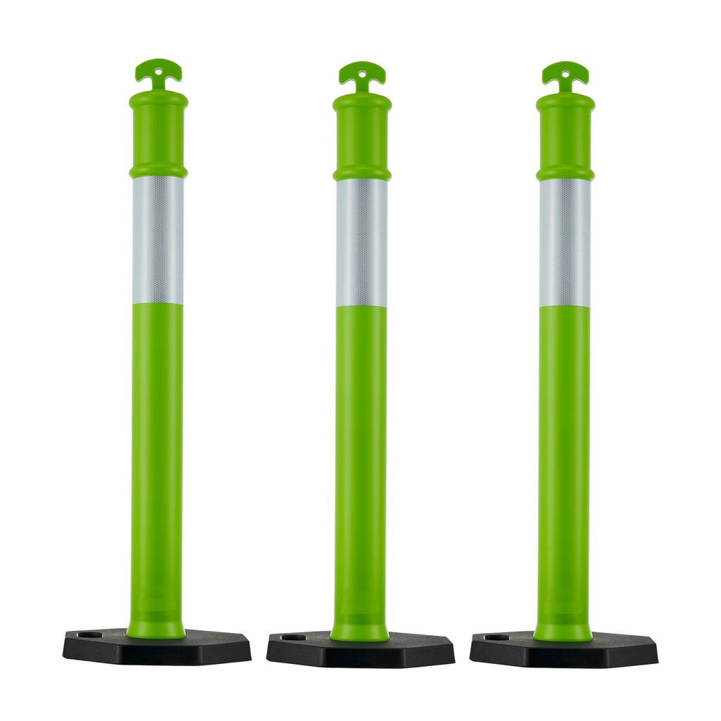 3 Pack Traffic Delineator Posts, 48 inches Traffic Safety Cones with Weighted Base and Reflective Strips, Heavy Duty Delineator Posts for Construction Site, Parking Lot, Crowd Control, Green