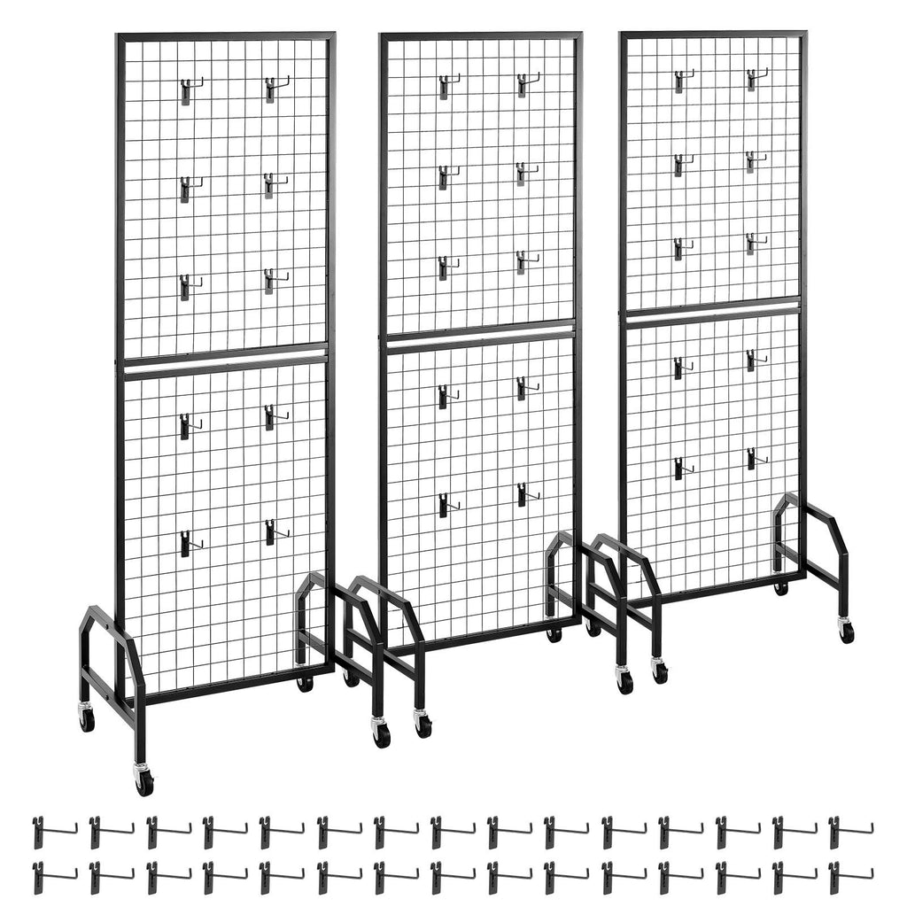 3 Packs Grid Wall Panels, 1.9 x 5.4 ft Wire Grid Panels Display Rack, Movable Art Display Shelf with Wheels and 30 Hooks, Black Carbon Steel Gridwall for Craft Show, Decor, Storage, Notice Board