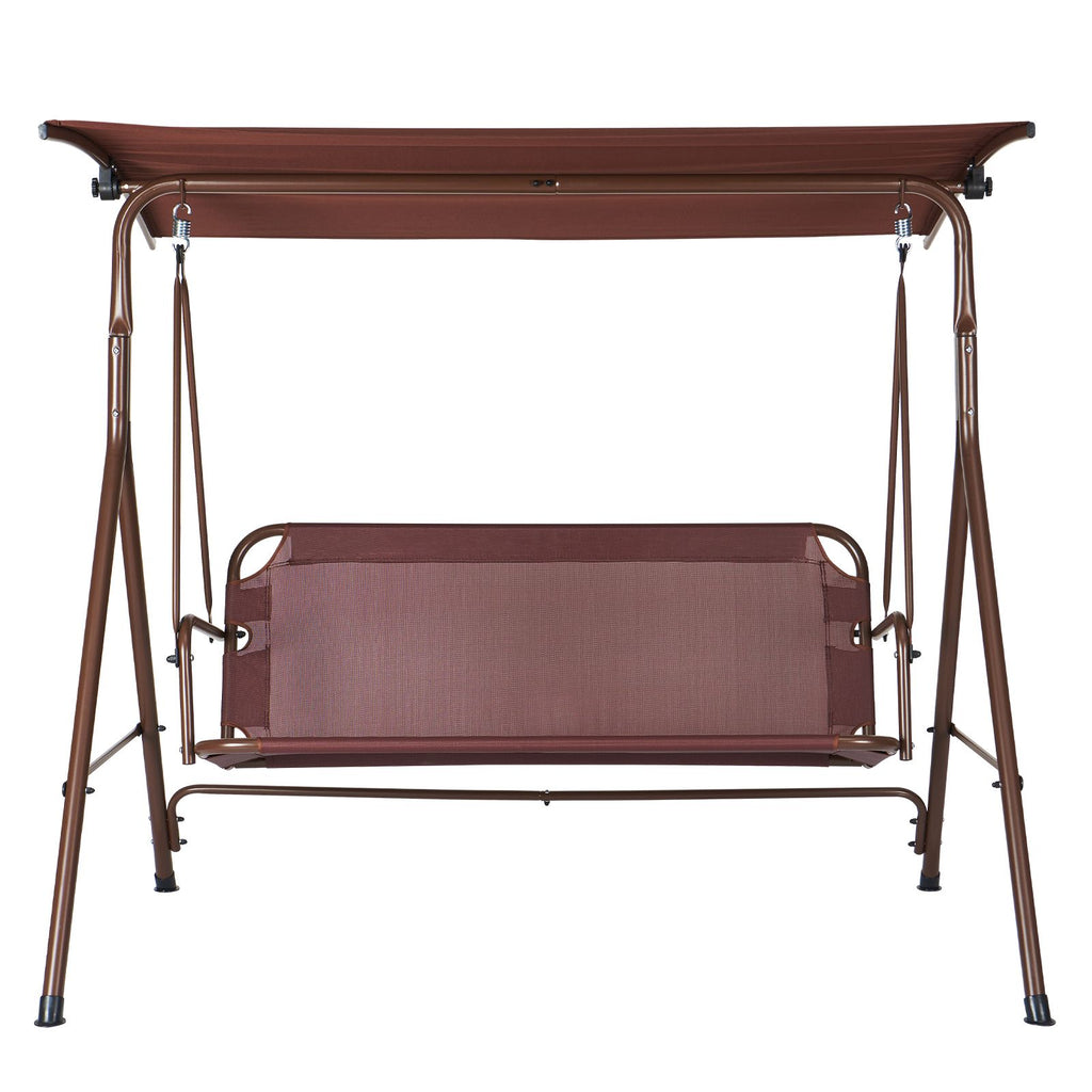 3-Person Patio Swing Chair, Outdoor Patio Swing with Adjustable Canopy, Porch Swing with Armrests, Teslin Fabric and Alloy Steel Frame, for Balcony, Backyard, Patio, Garden, Poolside, Brown
