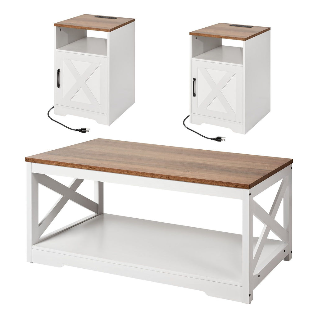 3 Pieces Farmhouse Coffee Table Sets, 40 in Industrial Coffee Table with 2 End Side Tables, Easy Assembly Coffee and End Tables Sets with Charging Station, for Office, Living Room & Apartment