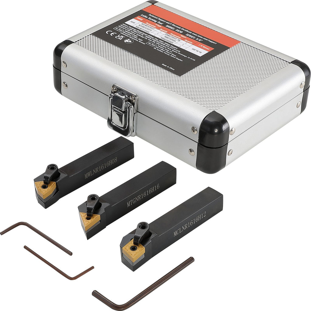 3 Pieces Indexable Lathe Turning Tool Holder, 5/8 in, CNC Heavy-Duty Metal Lathe Cutting Tools, with Tin Coated Carbide Inserts Aluminum Case, for Turning Grooving Threading Cut Off Holders Set