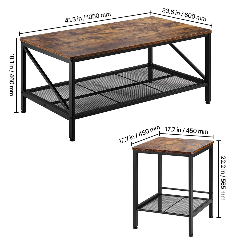 3 Pieces Living Room Table Sets, 41.3 in Industrial Coffee Table with 2 Square End Side Tables, Easy Assembly Coffee and End Tables Sets with Metal Legs, for Office, Living Room & Apartment