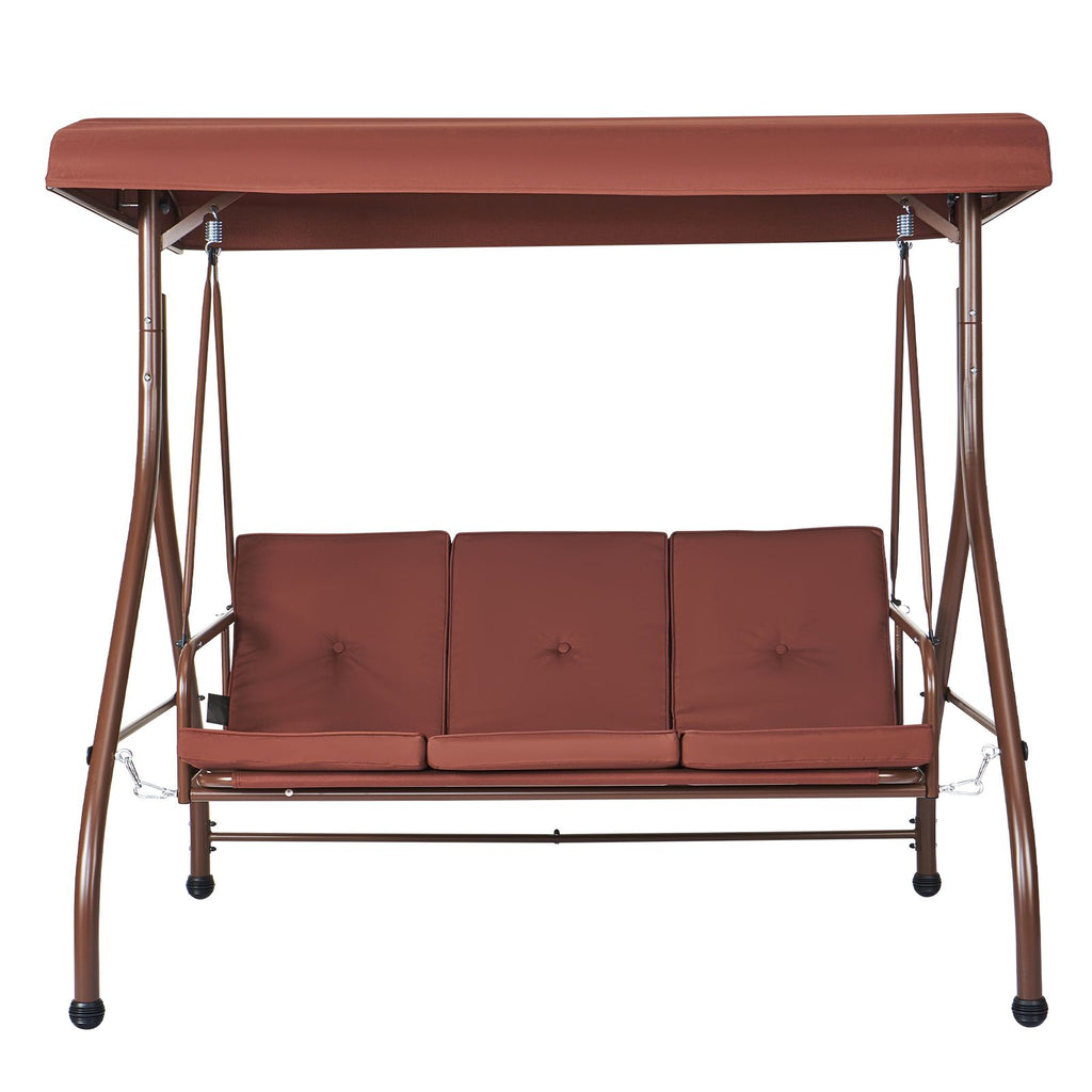 3-Seat Patio Swing Chair, Converting Canopy Swing, Outdoor Patio Porch with Adjustable Canopy, Removable Thick Cushion and Alloy Steel Frame, for Balcony, Backyard, Poolside, Brown