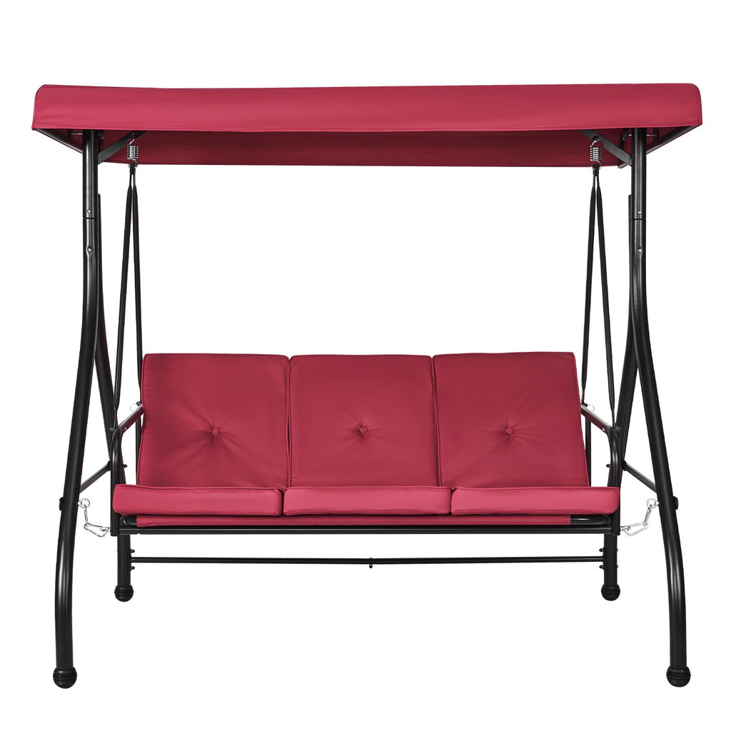 3-Seat Patio Swing Chair, Converting Canopy Swing, Outdoor Patio Porch with Adjustable Canopy, Removable Thick Cushion and Alloy Steel Frame, for Balcony, Backyard, Poolside, Burgundy
