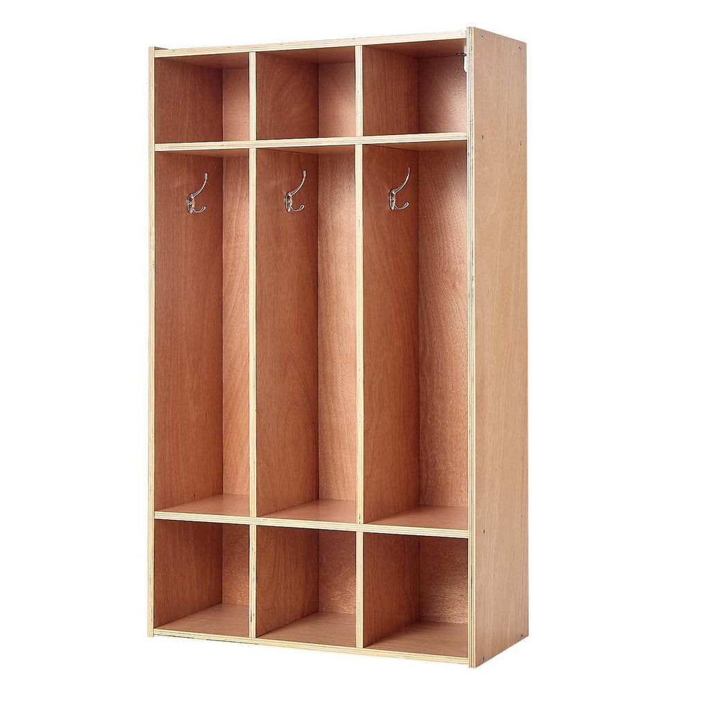 3-Section Kids Coat Locker, Wooden Toddler Cubby Storage Organizer with 6 Hooks & Non-Slip Mat, Modern Kid Coat Cubbies with 6 Small Open Storage Boxes for Home, Kindergarten, Daycare, Natural