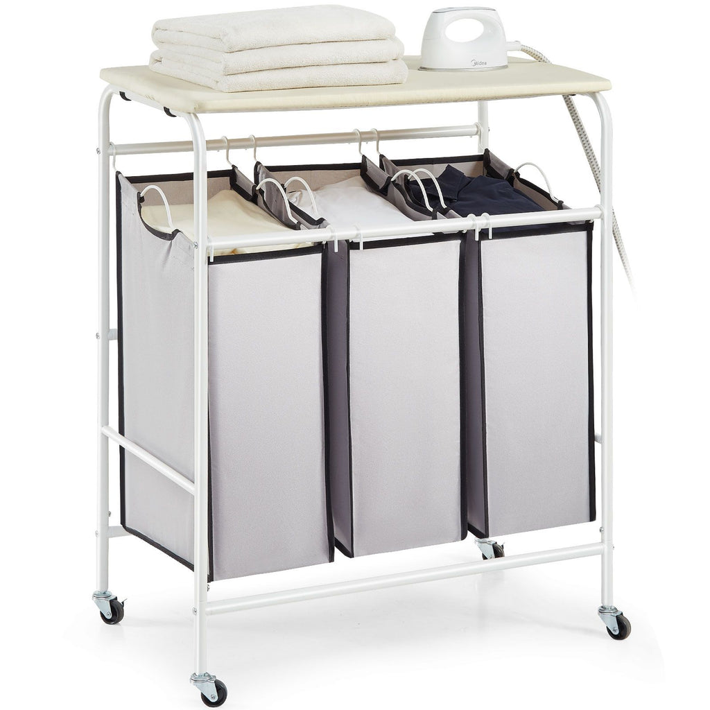 3-Section Laundry Sorter Cart with Ironing Board, Laundry Hamper with Heavy Duty Lockable Wheels and 3 Removable Bag, Rolling Laundry Basket Sorter for Clothes Storage