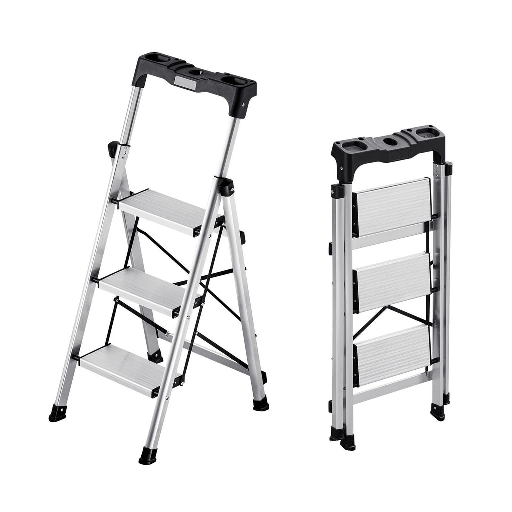 3 Step Ladder, Folding Step Stool with Wide Anti-Slip Pedal and Comfort Handgrip, 330 lbs Capacity Portable Aluminum Stepladder, Multi-Use for Kitchen, Warehouse, Household and Office, Silver